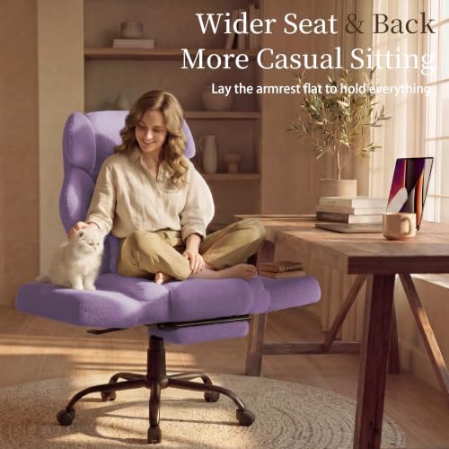 Office Chair with Flip Armrests,Comfy Criss Cross Chair for Pets Sitting,Big and Tall Office Chair with Foot Rest,Extra Wide Seat & Lumbar Pillow,Ergonomic Computer Gaming Chair,Teddy Fleece,Purple - Image 5