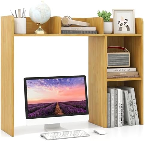 LDAILY Desktop Shelf, Multipurpose Wood Desk Hutch for Max 27" Computer Monitor, Countertop Storage Hutch with 5 Shelves, 3 Tier Desktop Display Rack for Dorm Office Home (Burlywood) by LDAILY