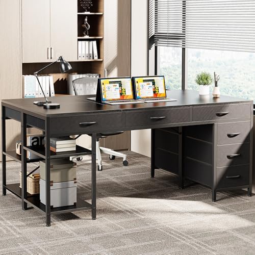 Huuger Computer Desk with 6 Drawers, Office Desk with Shelves, Reversible Gaming Desk, Corner Desk with Storage, Work for Home Office, Study, Living Room, 63inch, Black - Image 2