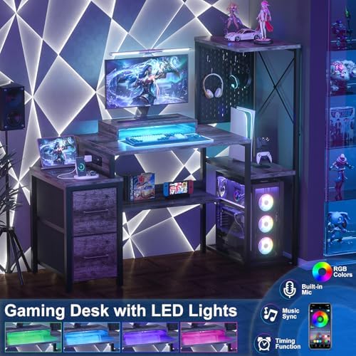 Small Gaming Desk with 2 Fabric Drawers - Reversible Computer Desk with Power Outlet & LED Lights, 49" Office Desk with Monitor Stand & Storage Shelves, Writing Study Table with Pegboard, Grey Oak - Image 5