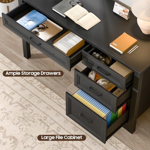 Vabches Farmhouse Executive Desk with Storage and Ample File Drawer, Rustic Large Home Writing Desk for Bedroom, Pure Black - Image 6
