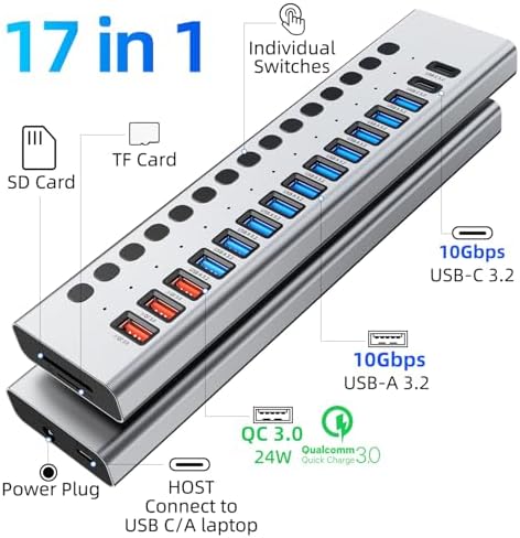 VANGREE Powered USB Hub 10Gbps, 17 Ports USB 3.2 Hub, 96W Power Adapter - Image 2