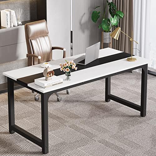 LITTLE TREE 70.8 Inch X-Large Executive Computer Office Desk, White+Black - Image 2
