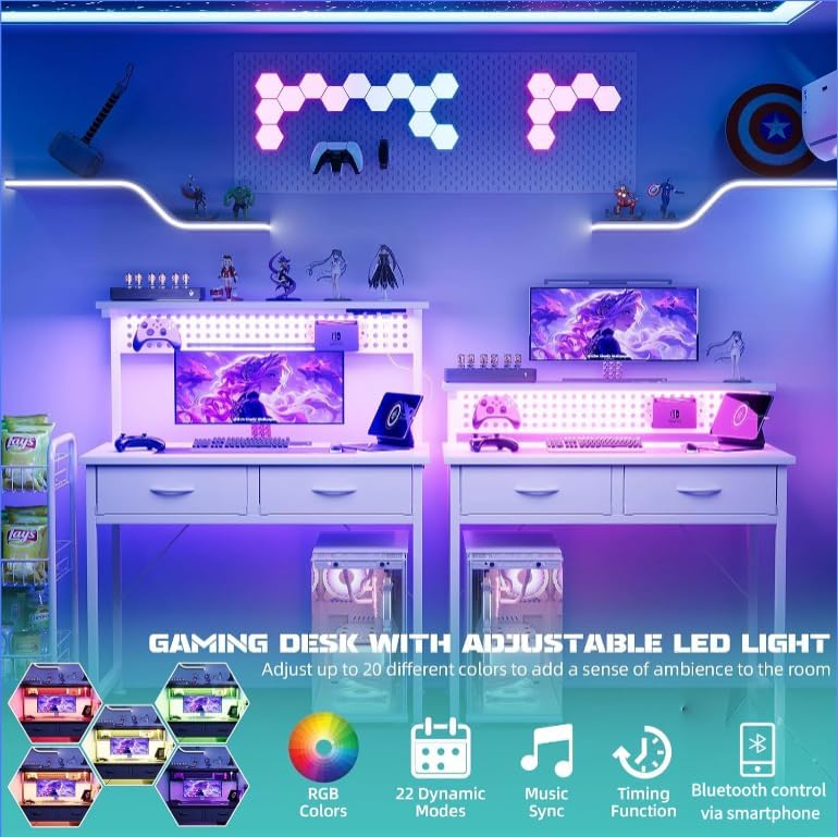 MUTUN Small Desk with Drawers, 31 Inch Computer Desk with Power Outlet & LED Light, Gaming Desk with Adjustable Monitor Stand & Pegboard, Modern PC Study Writing Table for Bedroom, White - Image 6