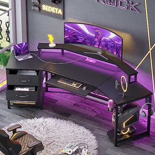 SEDETA 79" Gaming Desk with Fabric Drawers Storage, LED Light & Power Strip by SEDETA