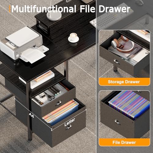 Furologee 66 Inch L Shaped Desk with 2 Drawers and Power Outlet, Black - Image 7