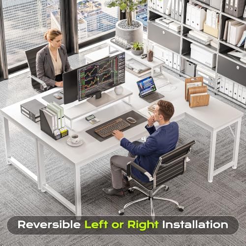 PRAISUN 53" L Shaped Computer Desk, Power Outlets, Monitor Stand, White - Image 6