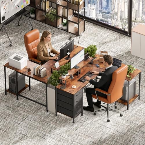 Korfile 59 inch L Shaped Computer Desk with Power Outlets, Rustic Brown - Image 2