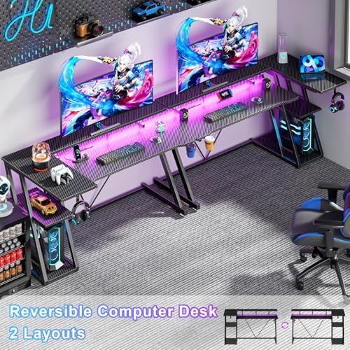 Korfile 55 Inch Gaming Desk with Power Outlet & LED Lights, L Shaped Gamer Computer Table with Storage Shelves for Bedroom, Corner Home Office Desk, Carbon Fiber Black - Image 3