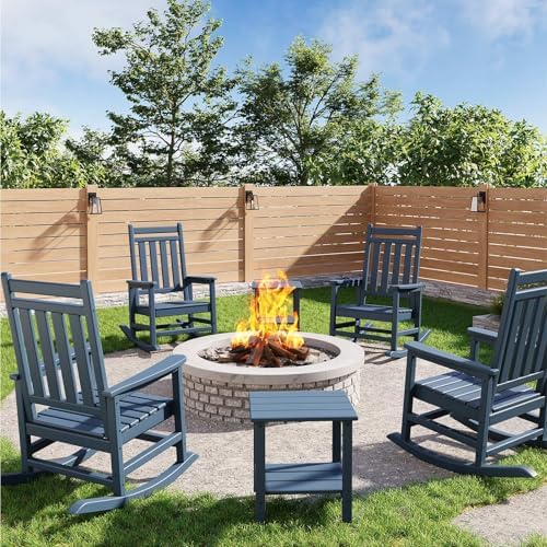 HDPE Rocking Chair Outdoor Set of 4 with 2 Side Table, High Back Rocker by Garvee