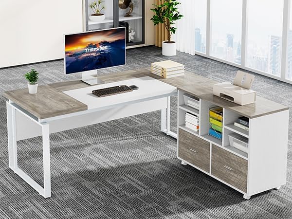 Tribesigns L-Shaped Executive Desk with Reversible File Cabinet, 63" Office Desk with Storage Drawers, L-Shaped Computer Desk with Drawer Cabinet for Hanging Letter Size Files,Gray & White by Tribesigns