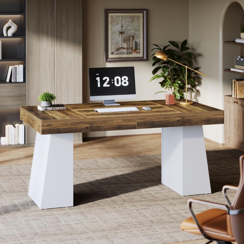 Tribesigns 55-Inch Executive Desk, Large Wood Office Computer Desk with Double Pedestal, Modern Minimalist Workstations Writing Table Conference Table Furniture for Home Office, Brown&White - Image 5