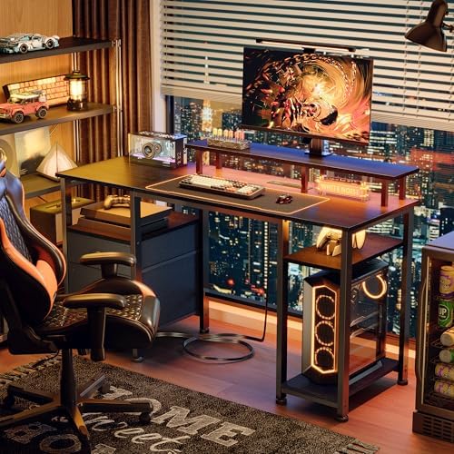 Furologee 51" Gaming Desk with Power Outlets & LED Lights, Reversible Computer Desk with File Cabinet & Monitor Stand for Home Office, Large Work Table with Storage Shelves & Drawer, Black - Image 3