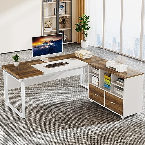 Tribesigns L-Shaped Executive Desk with Reversible File Cabinet, 63" Office Desk with Storage Drawers, Computer Desk Set (Oak Karo & White) by Tribesigns