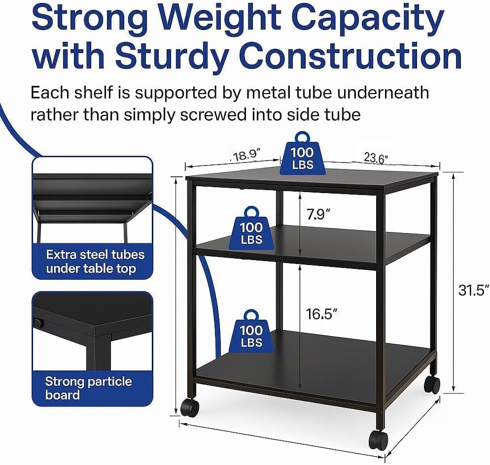 31.5" Heavy Duty Large Printer Stand with Adjustable Storage Shelf, Black - Image 2