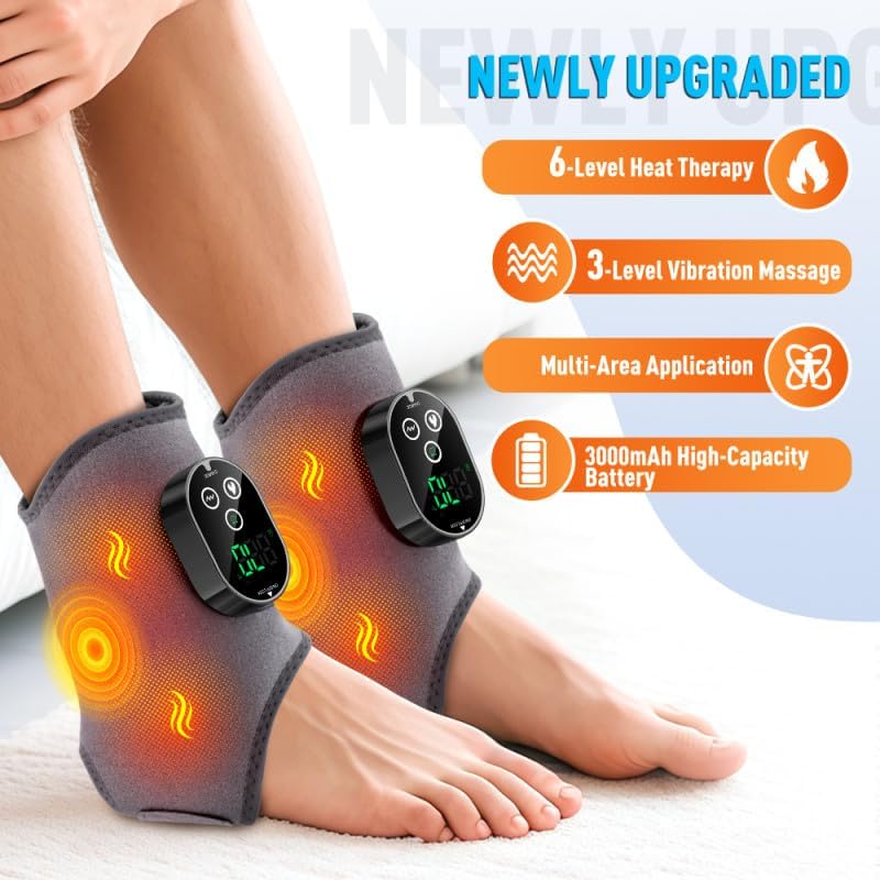 2 Pack Cordless Ankle Heating Pad with Massage, Rechargeable Heated Ankle Wrap with 6 Heat Levels & 3 Vibration Modes, Foot Massager for Ankle, Foot & Elbow, Portable Foot Warmer Brace Grey - Image 2