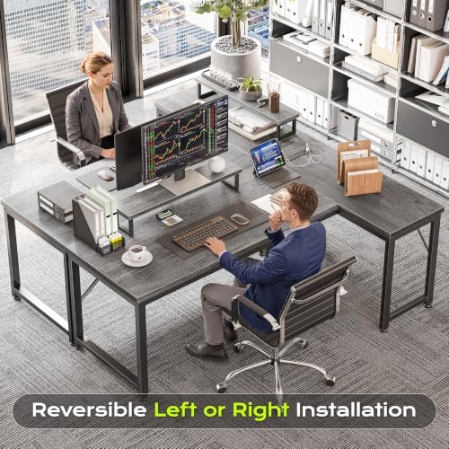 PRAISUN 53" L Shaped Computer Desk, Power Outlets, Monitor Stand, Grey - Image 6
