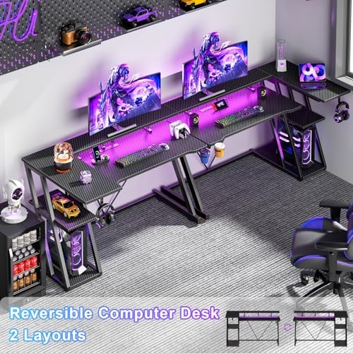 Korfile 47 Inch Gaming Desk with Power Outlet & LED Lights, Corner Computer Desk with 3 Tiers Storage Shelves, Home Office Desk with Monitor Stand for Small Space, Carbon Fiber Black - Image 3