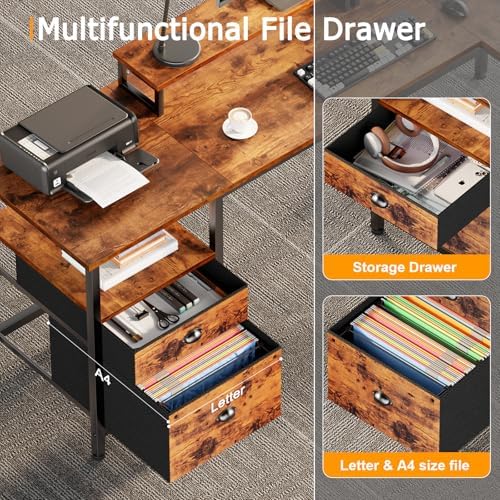 Furologee 66” L Shaped Desk with Power Outlet, Reversible Home Office Desk with File Drawer, 2 Monitor Stands, Storage Shelves, Corner Computer Table for Gaming, Writing, Rustic Brown - Image 6
