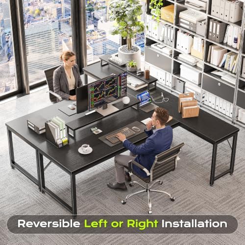 PRAISUN 61" L Shaped Computer Desk, Power Outlets, Monitor Stand, Black - Image 6