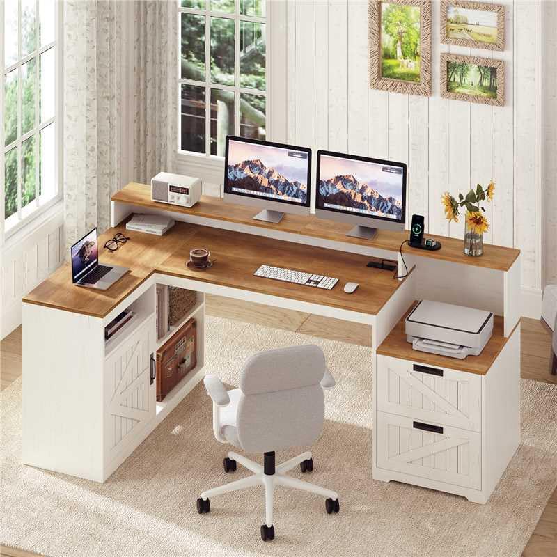 63" Farmhouse L Shaped Desk with Drawers and Printer Stand for Home Office - Image 3