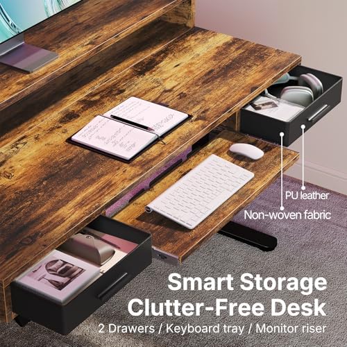 HUANUO 55″ X 26″ Electric Standing Desk with 2 Drawers &24.4″ Large Keyboard Tray, C-Clamp Mount Compatible, Adjustable Computer Desk for Office, Sit Stand Up Desk with 4 Height Presets, Vintage Brown - Image 3