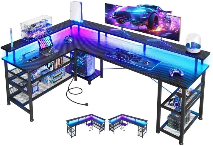 ODK 66" Large L Shaped Gaming Desk with Power Outlet & LED, Black by ODK