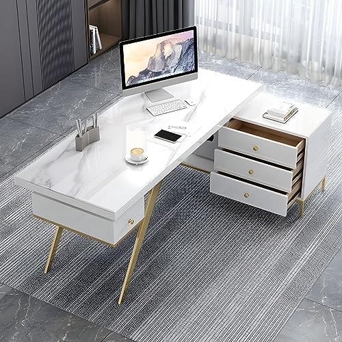 LAKIQ L-Shape Executive Desk with File Cabinet Storage Stone Countertop Modern Computer Desk with Pedestal Writing Desk Table for Home Office-Without Chair(Right Hand Return,79"L x 47.2"W x 29.5"H) by LAKIQ