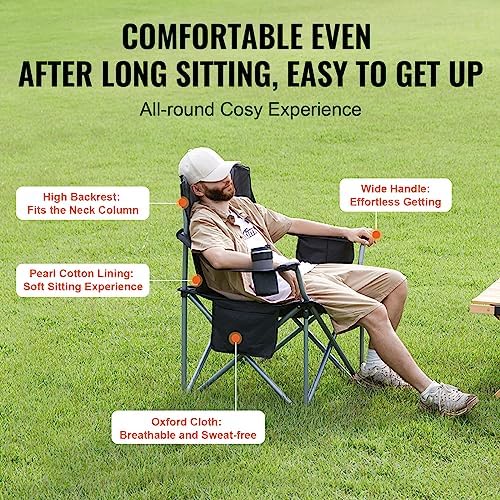 VEVOR Oversized Camping Folding Chair, Portable Heavy Duty Outdoor Quad Lumbar Back Padded with Side Pockets, Cup Holder and Cooler Bag for Beach, Lawn, Picnic, Fishing, Backpacking, Black - Image 6