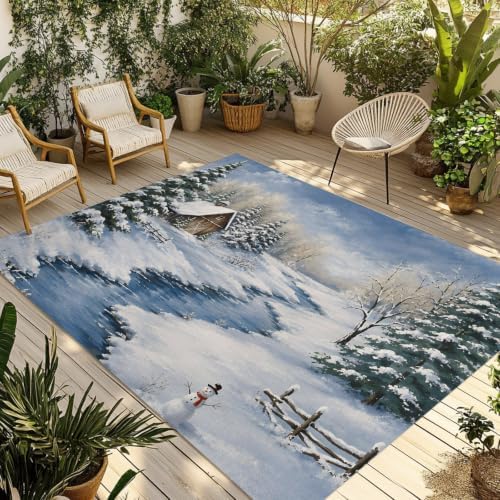 Winter Landscape 5x8 Waterproof Outdoor Rug with Non‑Slip Backing Rustic Nature Snowy Stream Wooden Cabin Machine Washable Deck Patio Rug Mat for Camping, RV, Garden, Balcony Pool - Image 3