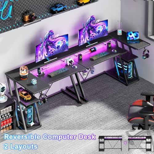 Korfile 40 Inch Gaming Desk with Power Outlet, LED, Carbon Fiber Black - Image 3