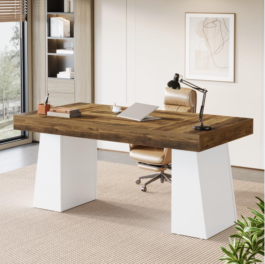 Tribesigns 55-Inch Executive Desk, Large Wood Office Computer Desk with Double Pedestal, Modern Minimalist Workstations Writing Table Conference Table Furniture for Home Office, Brown&White by Tribesigns