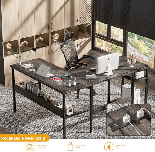 Unikito Reversible L Shaped Desk with Magic Power Outlets and USB Charging Ports, Sturdy Corner Computer Desk with Storage Shelves, Gaming Desk for Home Office, Easy to Assemble, Black Oak - Image 4