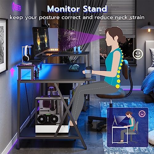 SEDETA Gaming Desk 55'' with LED Lights and Storage Shelves, Black - Image 6