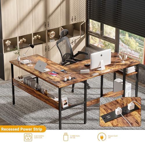 Unikito L Shaped Computer Desk with Magic Power Outlets and USB Charging Port, Sturdy Reversible Corner Desk with Storage Shelves, Modern Work Desk for Home Office, Easy to Assemble, Rustic Brown - Image 4