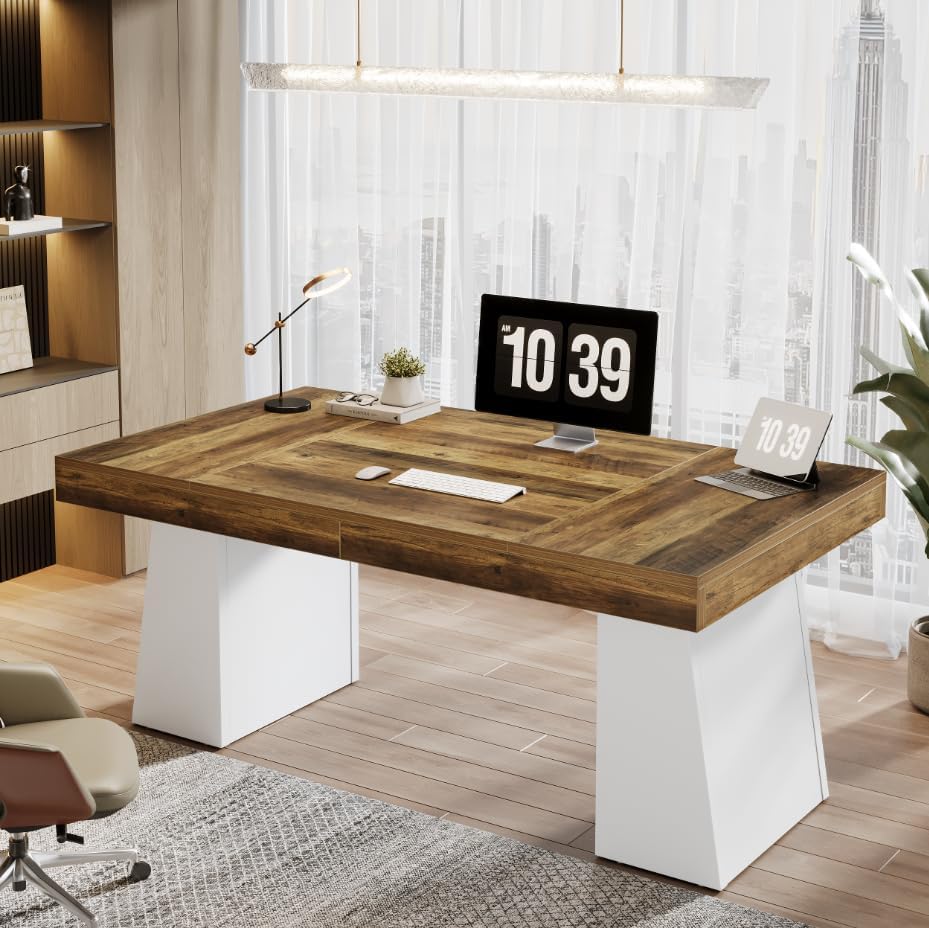Tribesigns 55-Inch Executive Desk, Large Wood Office Computer Desk with Double Pedestal, Modern Minimalist Workstations Writing Table Conference Table Furniture for Home Office, Brown&White - Image 4
