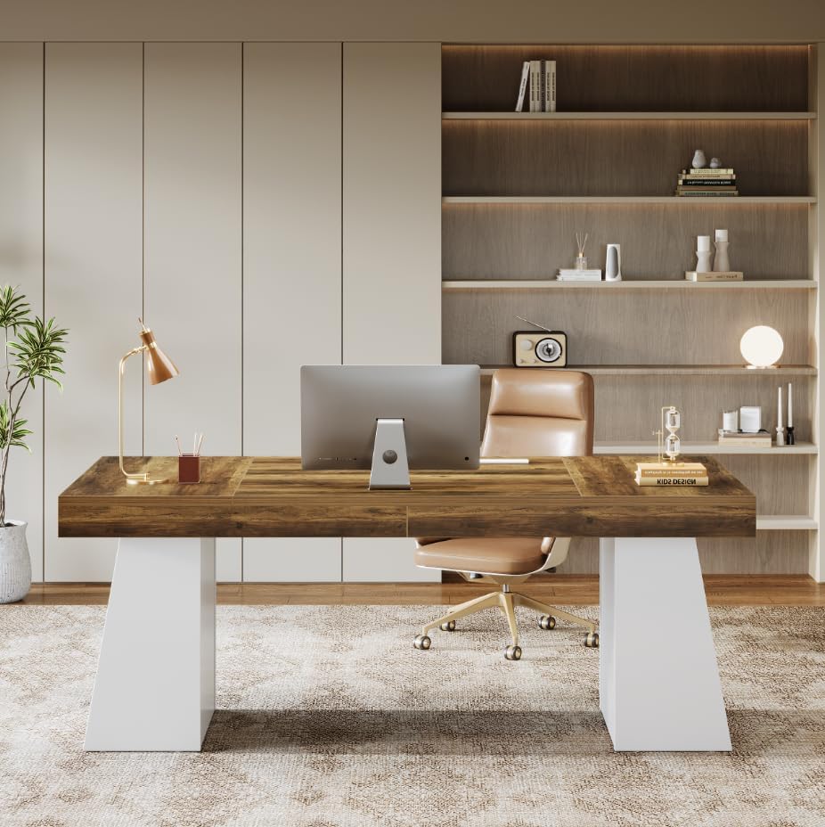 Tribesigns 55-Inch Executive Desk, Large Wood Office Computer Desk with Double Pedestal, Modern Minimalist Workstations Writing Table Conference Table Furniture for Home Office, Brown&White - Image 3