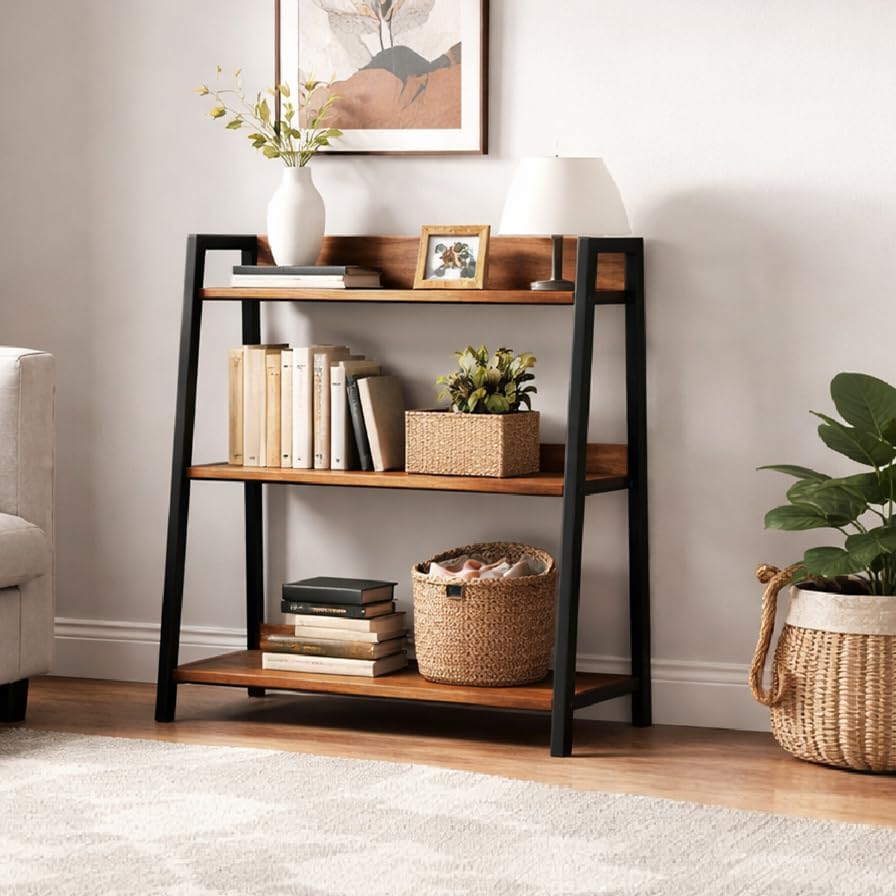 Ladder Shelf, 3 Tier Bookshelf, Small Bookshelf for Small Spaces, Wood and Metal Bookcase, Ladder Bookshelf, Modern Storage Shelf for Living Room and Office (Black, Ladder) by YCICIHOMEGARDEN
