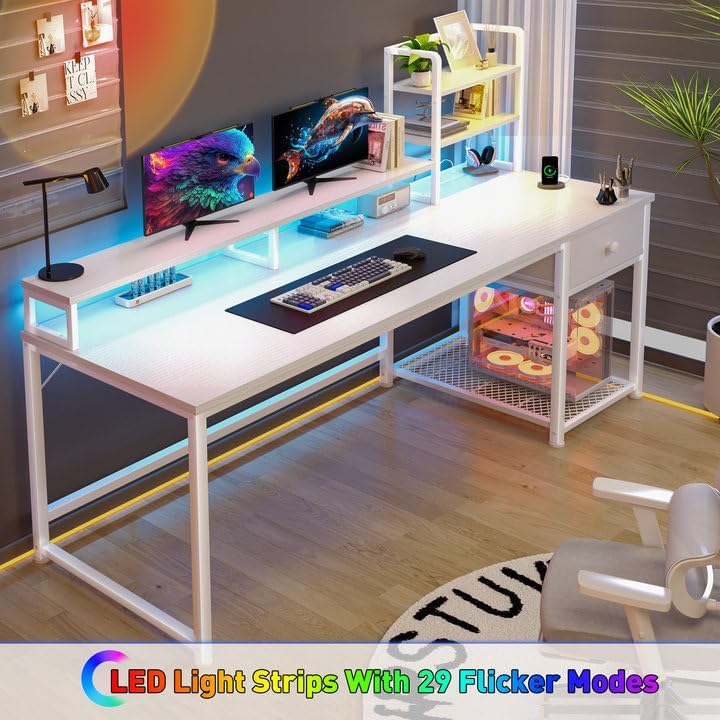 EnHomee 55" Reversible White Computer Desk with Hutch, USB & LED - Image 5
