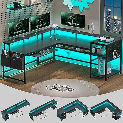 SEDETA L Shaped Gaming Desk, Reversible Computer Desk, Gaming Desk with Power Outlets & LED Strip, Monitor Shelf, Keyboard Tray, Pegboard and Storage Shelves for Home Office, Black by SEDETA
