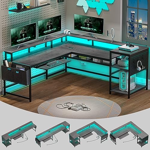 SEDETA L Shaped Gaming Desk, Convertible 96" Home Office Desk or Corner Desk, L Shaped Table with Power Outlets & LED Strip, Monitor Stand, Keyboard Tray, Pegboard and Storage Shelves, Grey by SEDETA