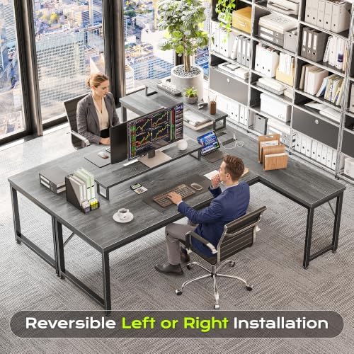 PRAISUN 61" L Shaped Computer Desk, Power Outlets, Monitor Stand, Grey - Image 6