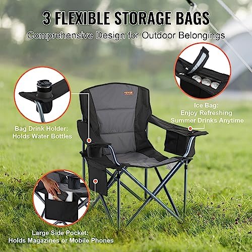 VEVOR Oversized Camping Folding Chair, Portable Heavy Duty Outdoor Quad Lumbar Back Padded with Side Pockets, Cup Holder and Cooler Bag for Beach, Lawn, Picnic, Fishing, Backpacking, Black - Image 7