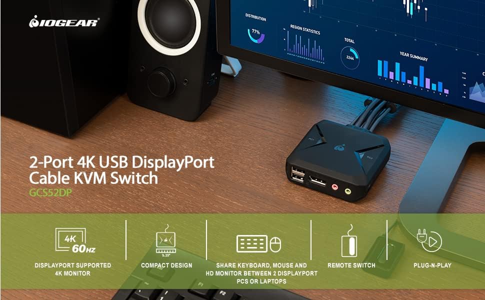 IOGEAR 2-Port USB DisplayPort Cable KVM Switch - 4K 30Hz - Remote Switch Button - Plug n Play - USB Expandable With USB Hub - 7.1 HD Audio - Mac Win - GCS52DP - Image 5