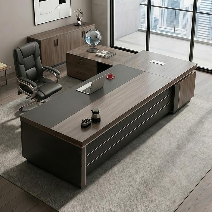 L-Shape Modern Executive Desk, L-Shape Office Executive Desk Without Chair, Manufactured Wood Computer with Drawers and Storage, Management Working Table (Brown-Left, 87" L x 63" W x 30" H) by RATRUP
