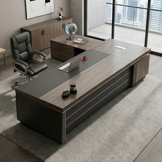 L-Shape Office Executive Desk, Management Working Table with Drawers and Storage, Large Business Workstation Without Chair (Brown-Left, 79" L x 63" W x 30" H) by RATRUP
