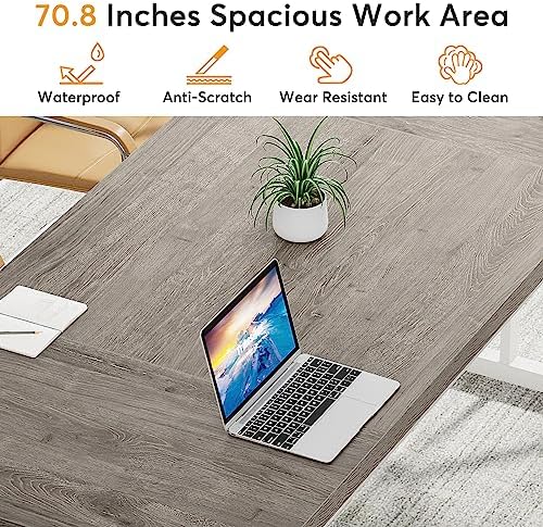 Tribesigns 70.8-Inch Executive Desk, Large Computer Office Desk Workstation, Modern Simple Style Laptop Desk Study Writing Table Business Furniture for Home Office (Grey/White, 70.8 Inch) - Image 6