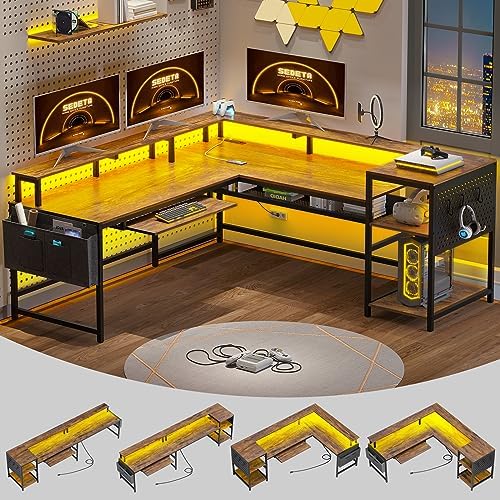 SEDETA L Shaped Computer Desk, Reversible Computer Desks, L Shaped Desk with Power Outlets & LED Strip, Monitor Shelf, Keyboard Tray, Pegboard and Storage Shelves for Home Office, Rustic Brown by SEDETA