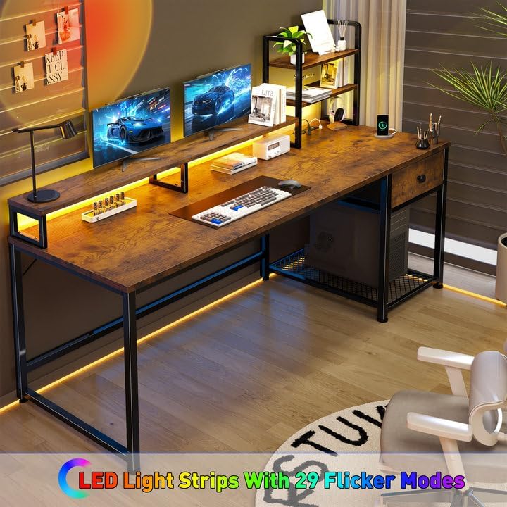 EnHomee 55" Reversible Computer Desk, Hutch, USB & LED, Rustic Brown - Image 6