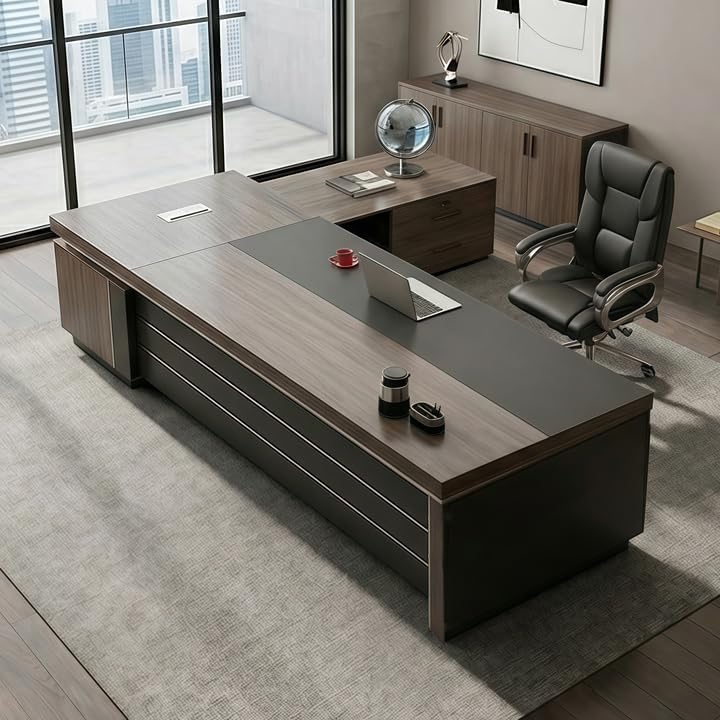 L-Shape Office Executive Desk, Management Working Table with Drawers and Storage, Large Business Workstation Without Chair (Brown-Right, 79" L x 63" W x 30" H) by RATRUP